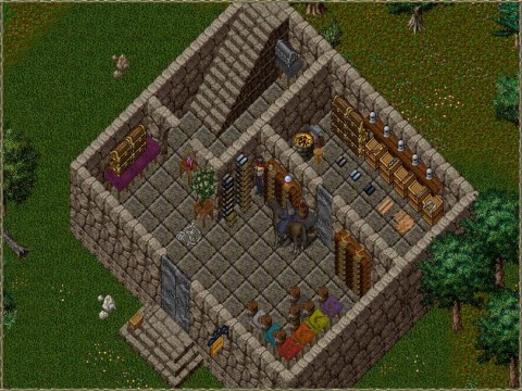 smiths work shop in back room with storage for extra smithed items. runes libarary to every i need to go. 4 chest to the left is an armoury for guild, barrel by workshop is for repairs. kegs are for guild. chest at back is for temporary storage and donations to guild (not inforced), crate on steps is grandfathered and used for item exchange b/n alts.